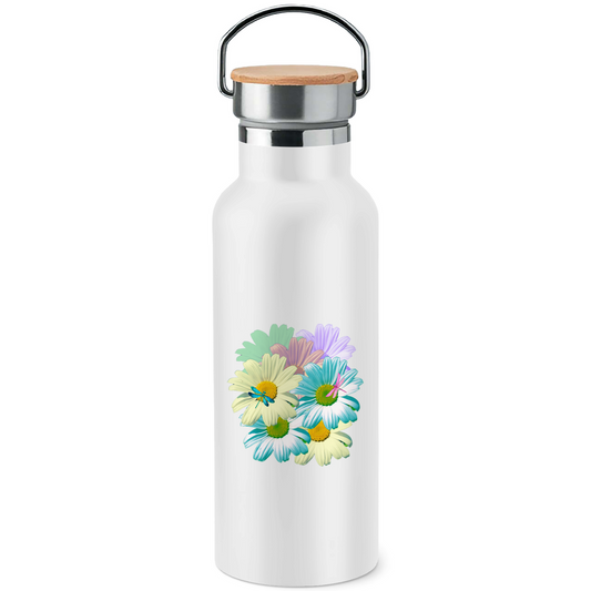 Edelstahl-Trinkflasche mit Bambusdeckel Blumenwiese